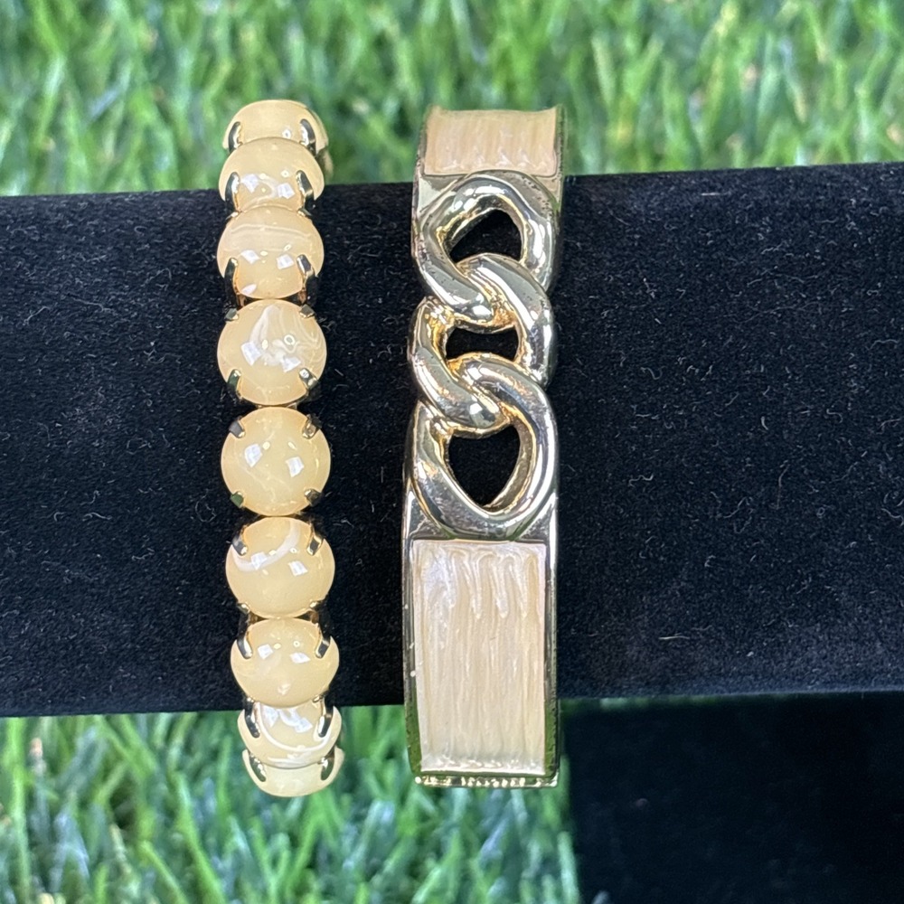Vintage Creamy Yellow Bracelet Lot of 2 Coquette Gold‎ Tone Beaded Bangle